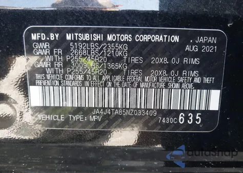 2022 Mitsubishi Outlander Es 2.5 S-Awc z USA, uszkodzony, nr VIN JA4J4TA85NZ033409